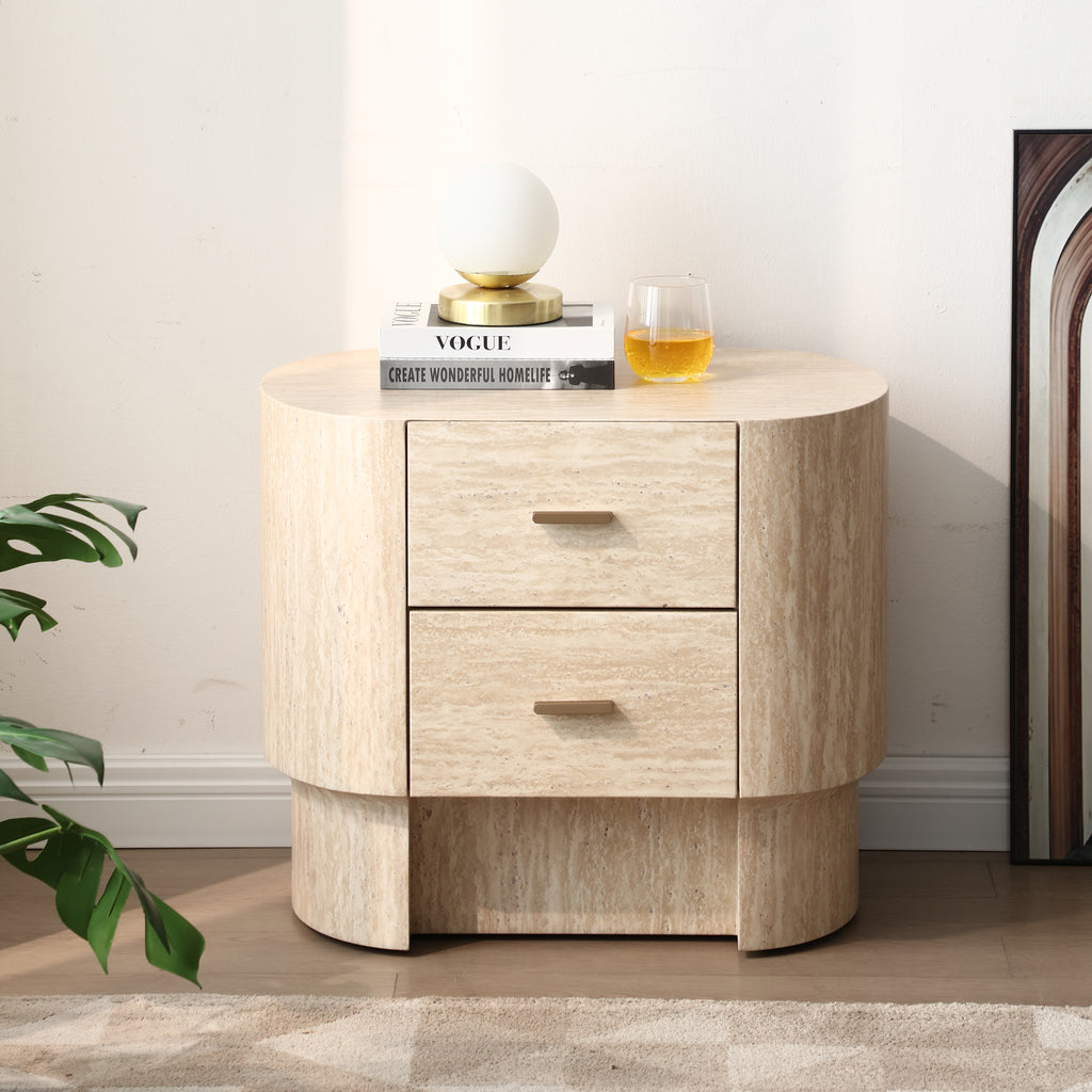 Modern Curved Travertine Nightstand with 2 Drawers, Beige Marble-Look Veneer Bedside Table