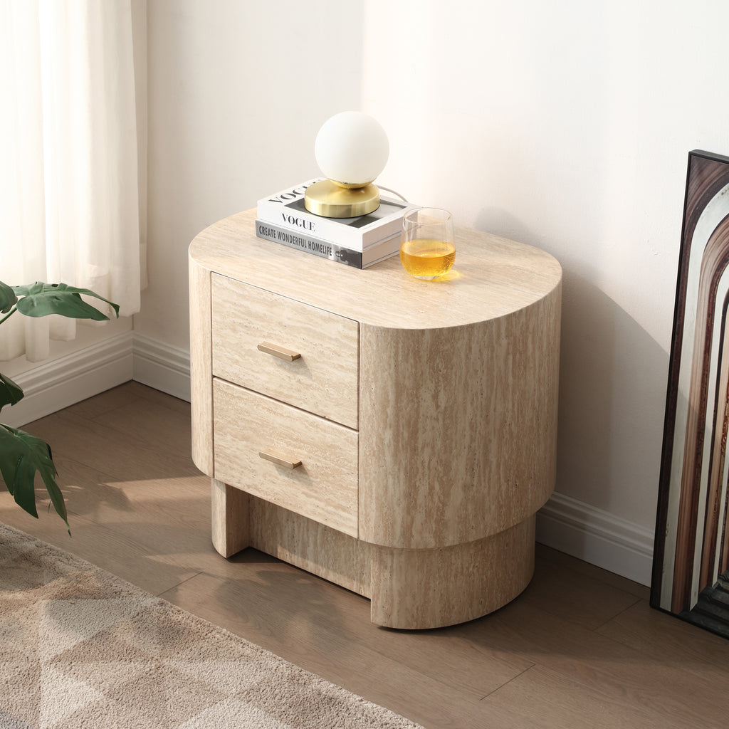 Modern Curved Travertine Nightstand with 2 Drawers, Beige Marble-Look Veneer Bedside Table