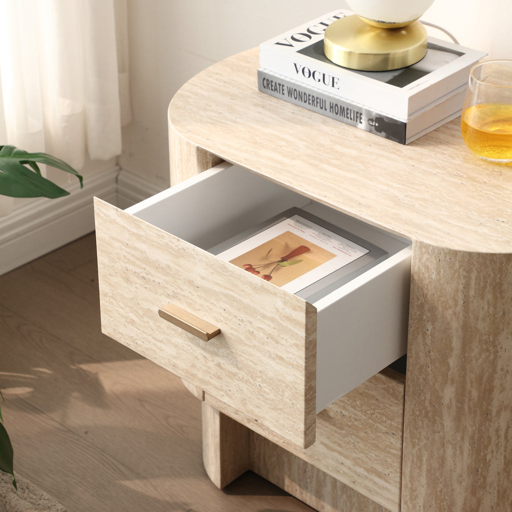 Modern Curved Travertine Nightstand with 2 Drawers, Beige Marble-Look Veneer Bedside Table