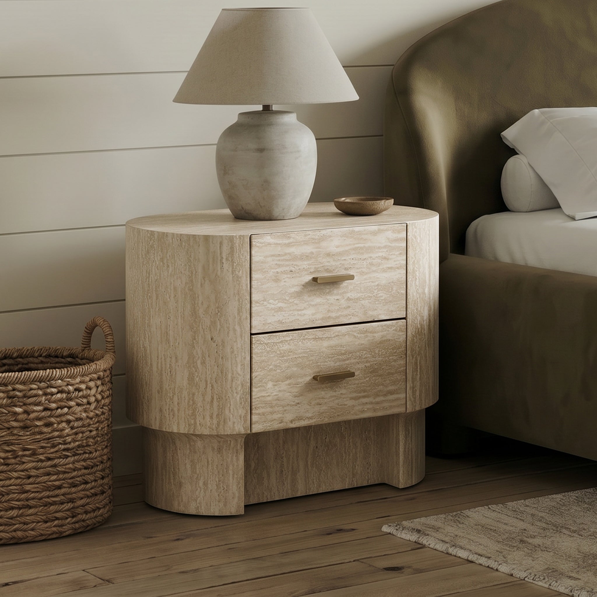 Modern Curved Travertine Nightstand with 2 Drawers, Beige Marble-Look Veneer Bedside Table