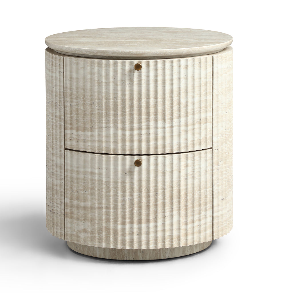 Modern Cylindrical Fluted Travertine-Look 2-Drawer Nightstand