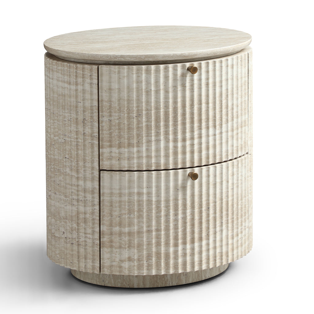 Modern Cylindrical Fluted Travertine-Look 2-Drawer Nightstand