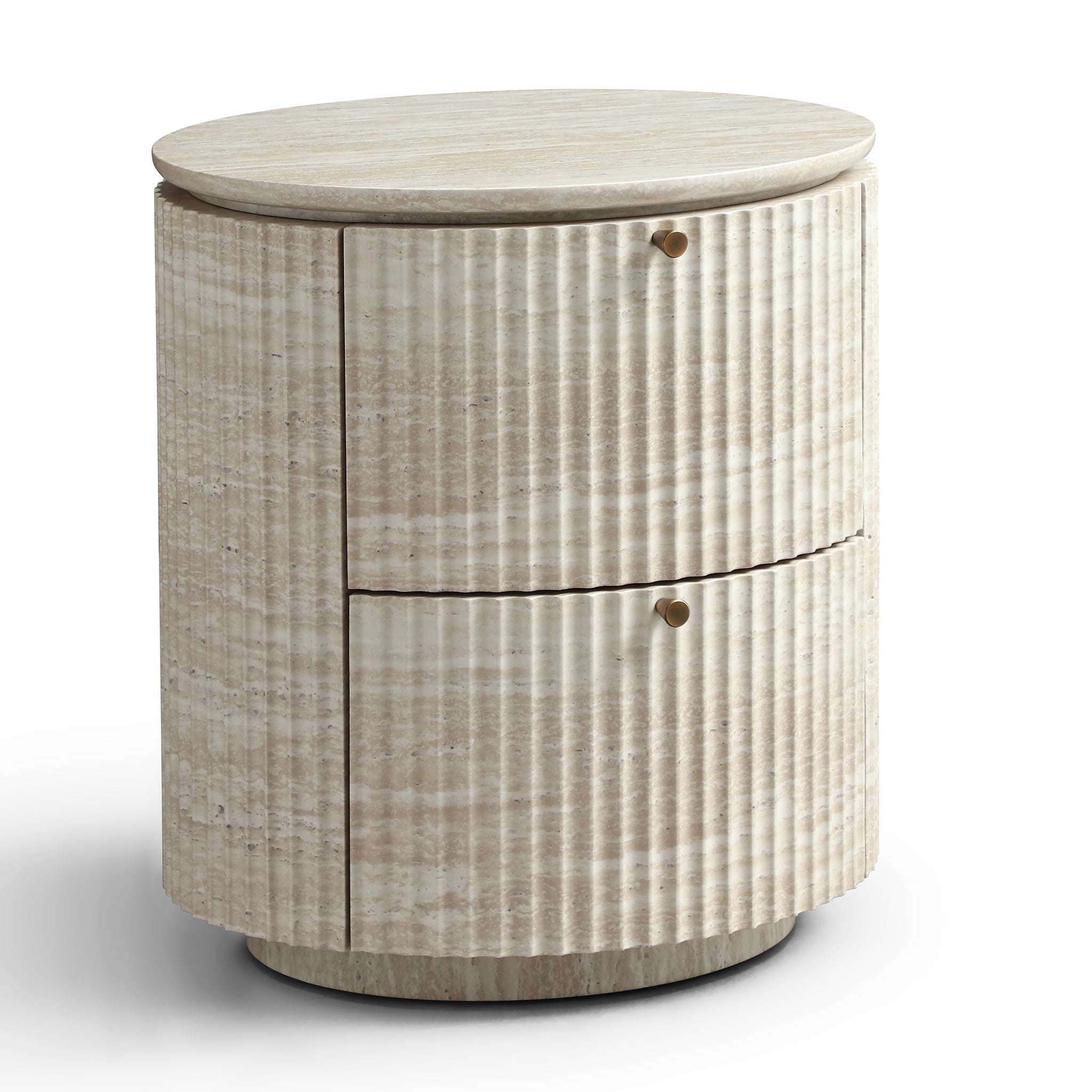 Modern Cylindrical Fluted Travertine-Look 2-Drawer Nightstand
