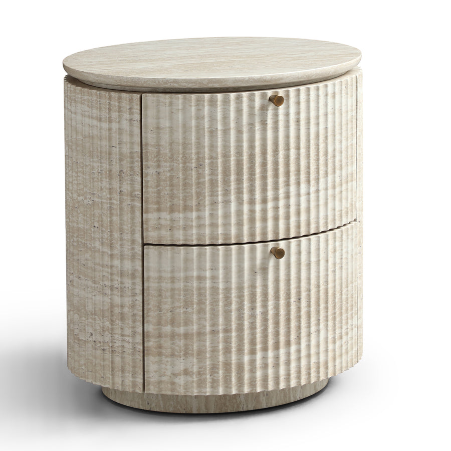 Modern Cylindrical Fluted Travertine-Look 2-Drawer Nightstand detail