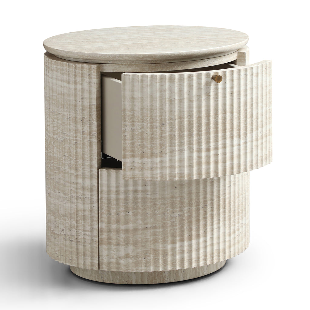 Modern Cylindrical Fluted Travertine-Look 2-Drawer Nightstand