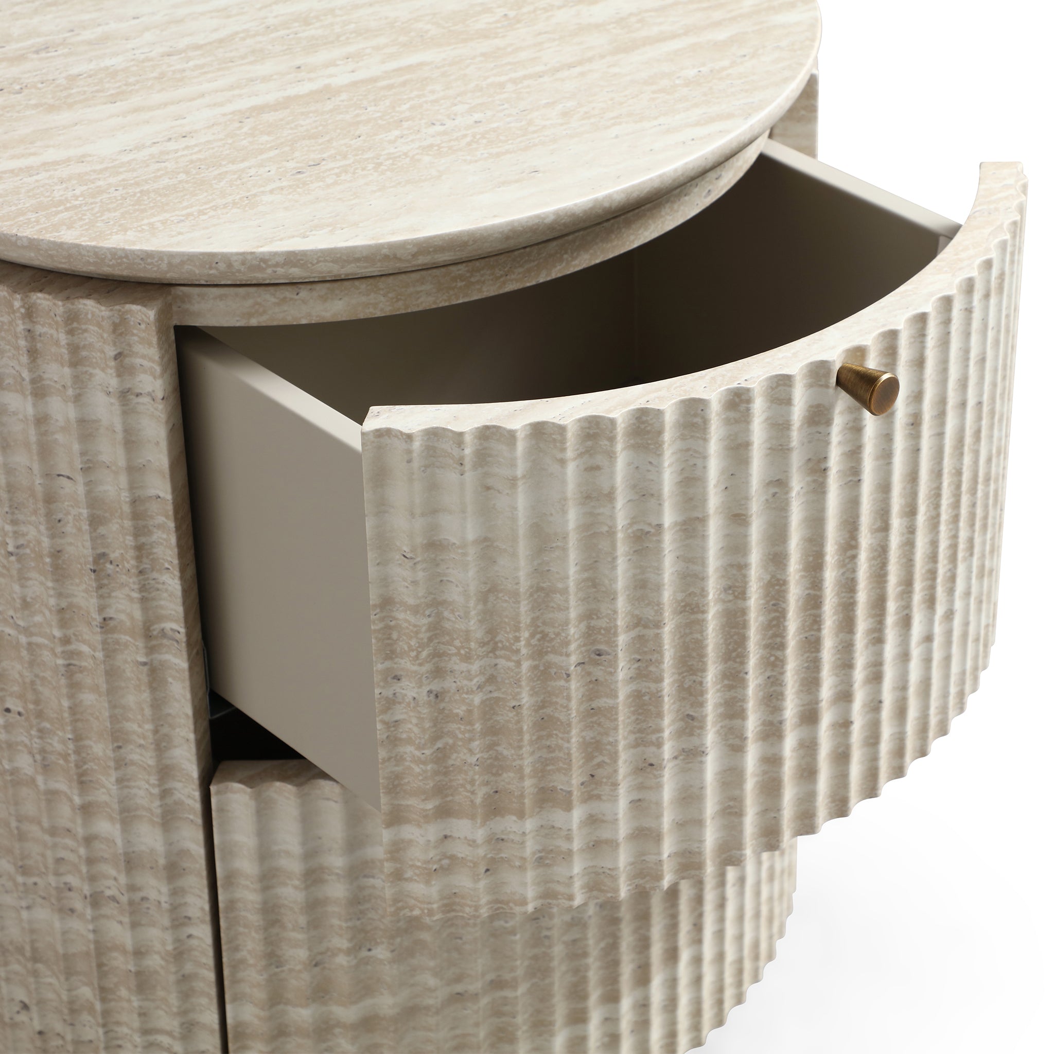Modern Cylindrical Fluted Travertine-Look 2-Drawer Nightstand