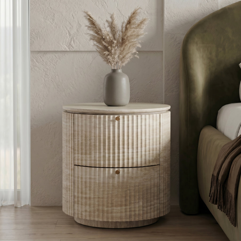 Modern Cylindrical Fluted Travertine-Look 2-Drawer Nightstand