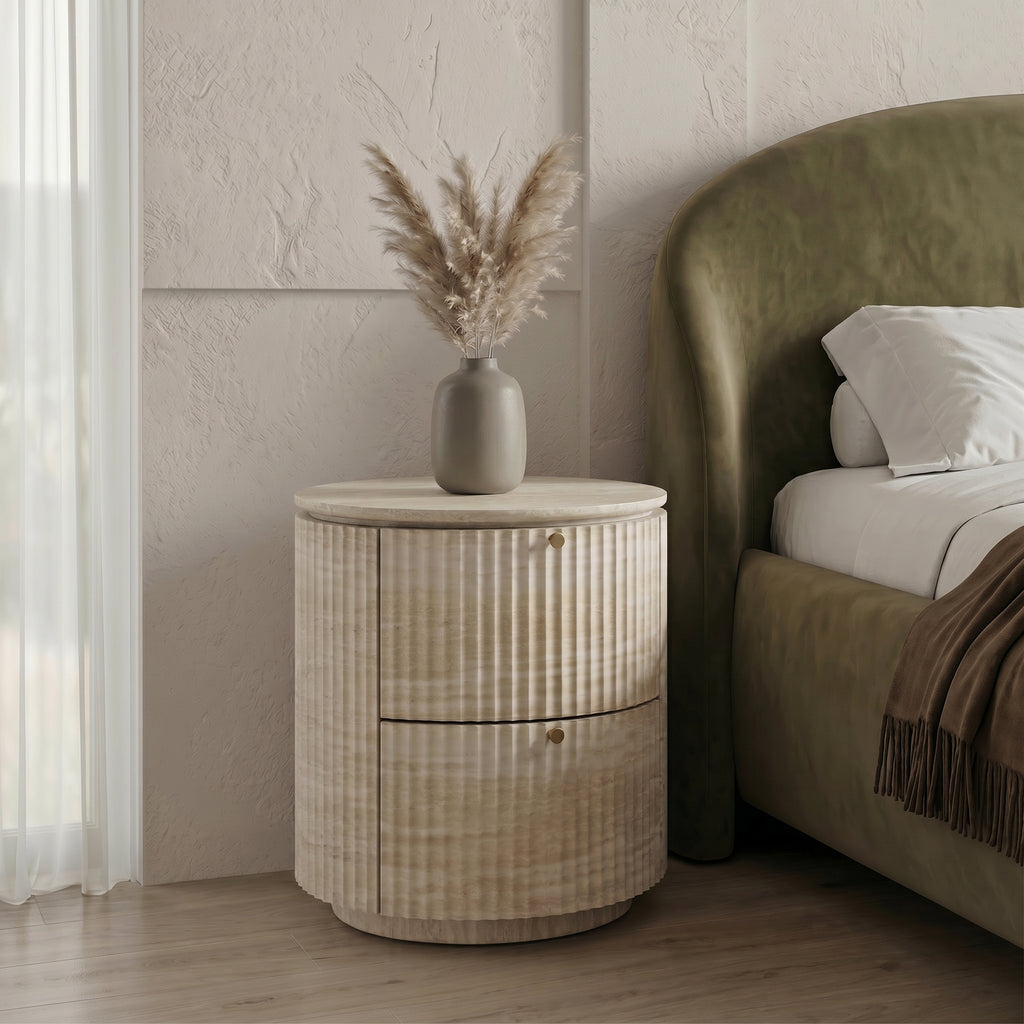 Modern Cylindrical Fluted Travertine-Look 2-Drawer Nightstand