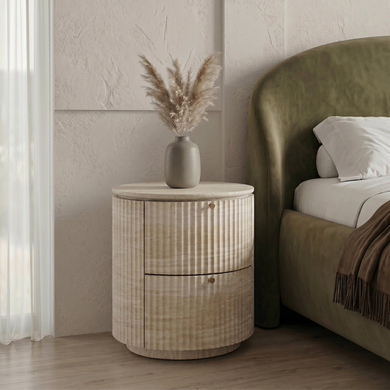Modern Cylindrical Fluted Travertine-Look 2-Drawer Nightstand