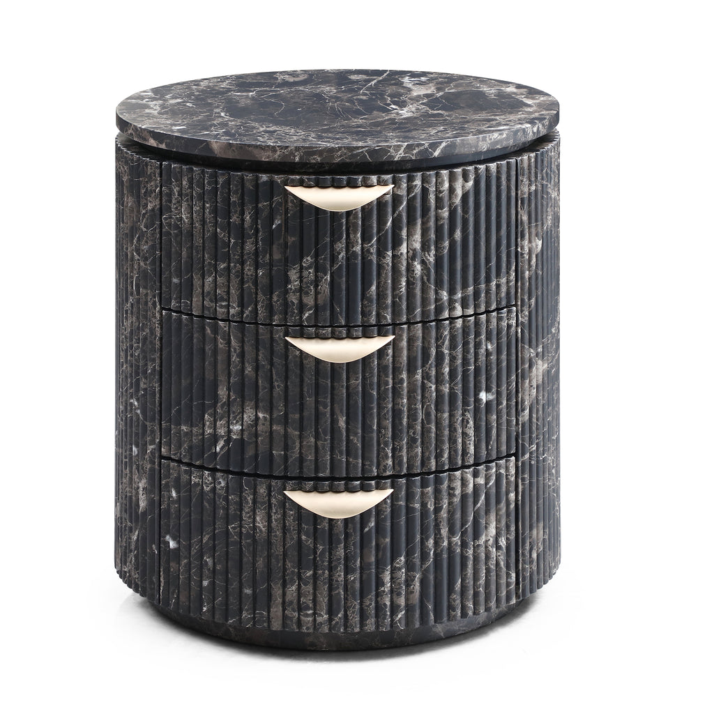 Modern Black Marble Fluted Cylindrical 3-Drawer Nightstand
