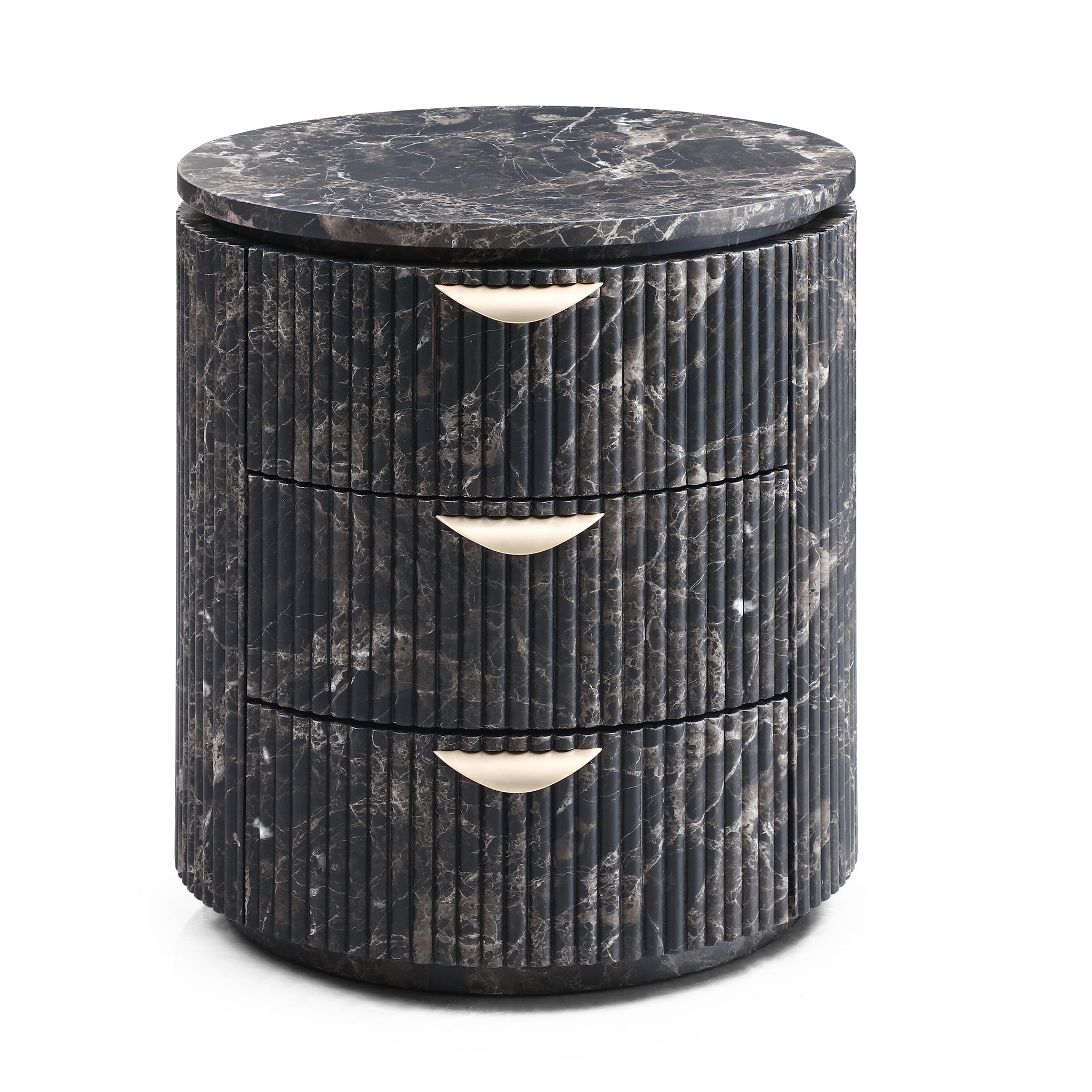 Modern Black Marble Fluted Cylindrical 3-Drawer Nightstand