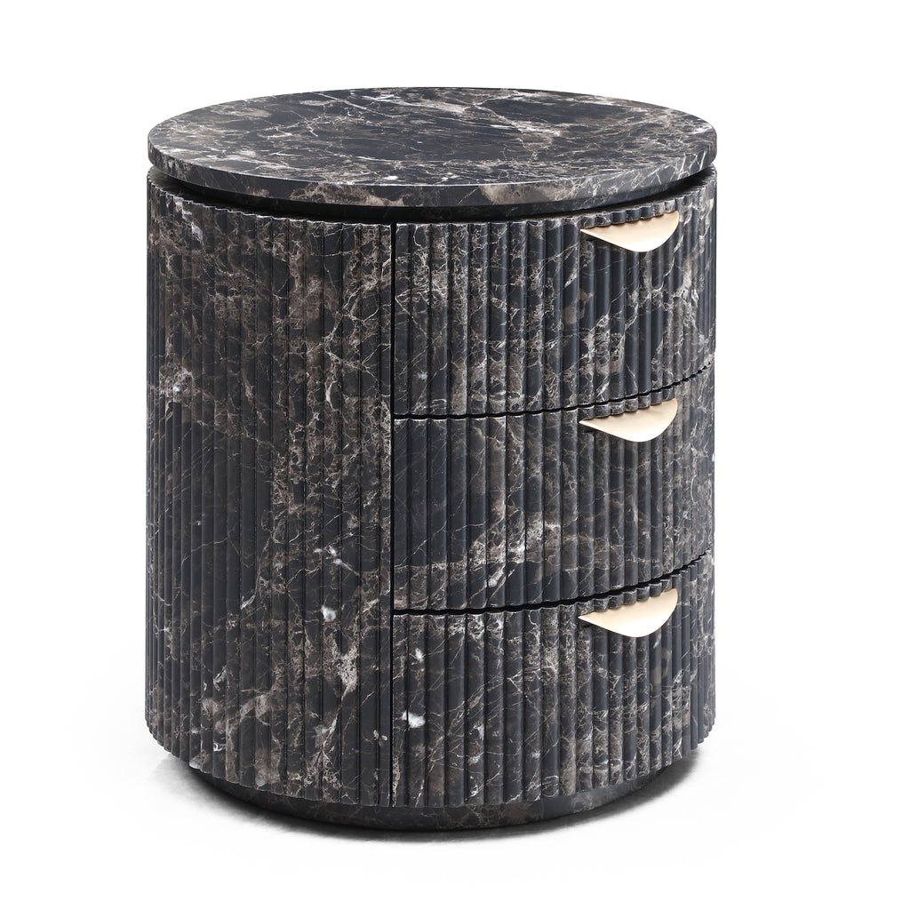 Modern Black Marble Fluted Cylindrical 3-Drawer Nightstand