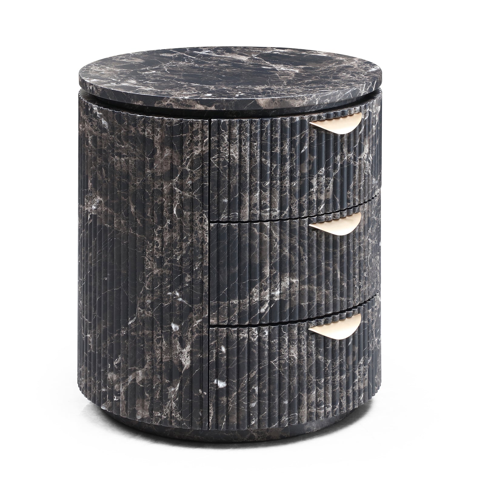 Fluted Cylinder Nightstand — Black Marble, 3 Drawer