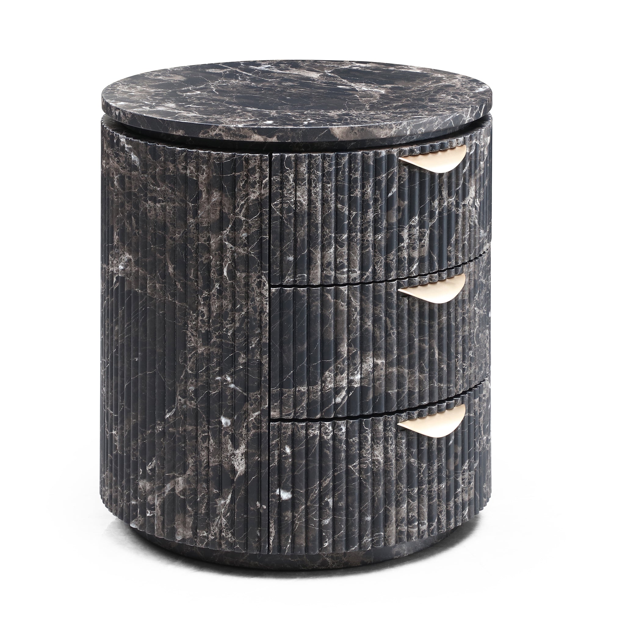 Modern Black Marble Fluted Cylindrical 3-Drawer Nightstand