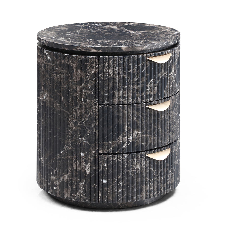 Fluted Cylinder Nightstand — Black Marble, 3 Drawer detail