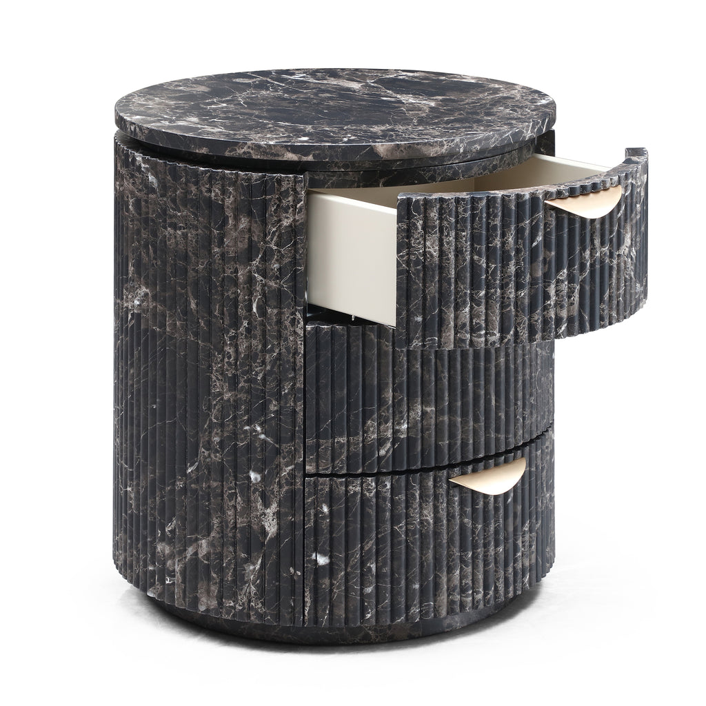 Modern Black Marble Fluted Cylindrical 3-Drawer Nightstand