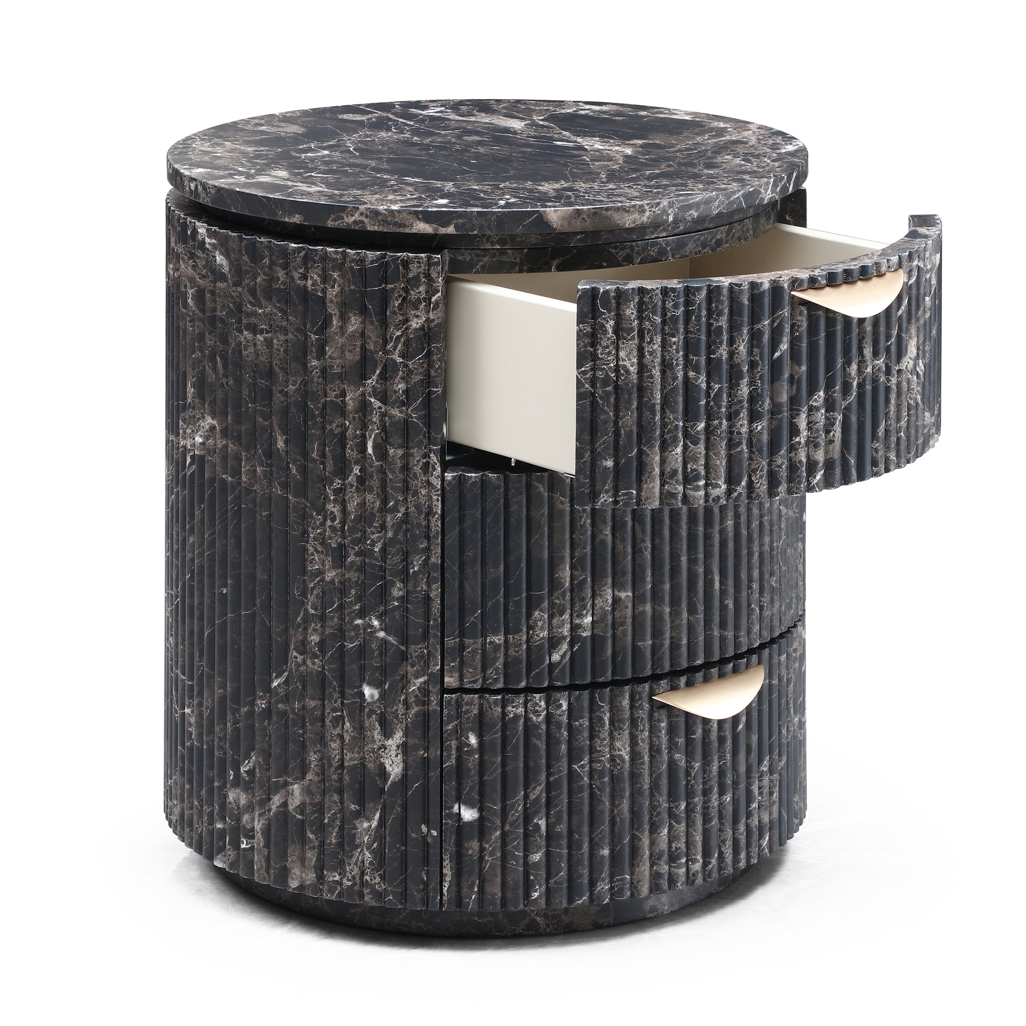 Modern Black Marble Fluted Cylindrical 3-Drawer Nightstand