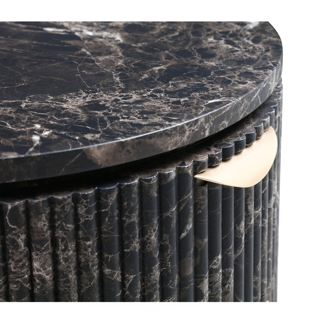 Modern Black Marble Fluted Cylindrical 3-Drawer Nightstand