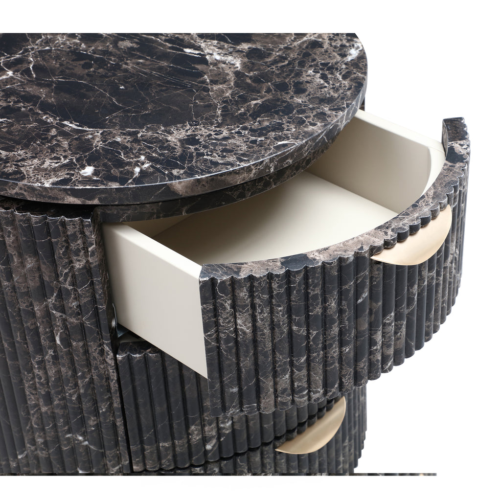 Modern Black Marble Fluted Cylindrical 3-Drawer Nightstand