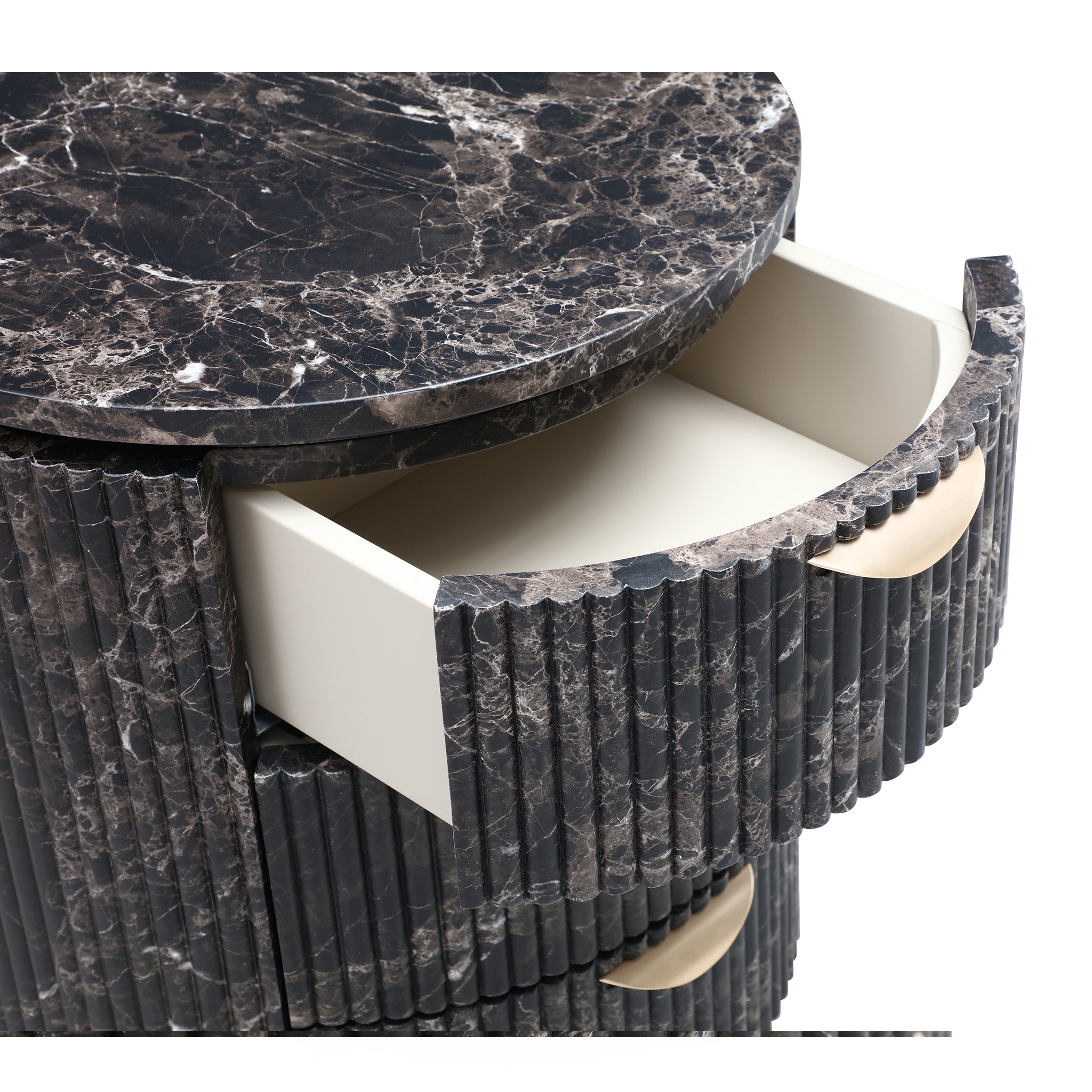 Modern Black Marble Fluted Cylindrical 3-Drawer Nightstand