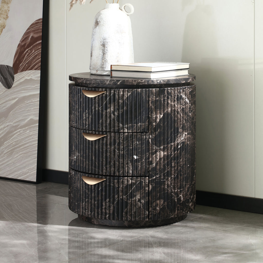Modern Black Marble Fluted Cylindrical 3-Drawer Nightstand