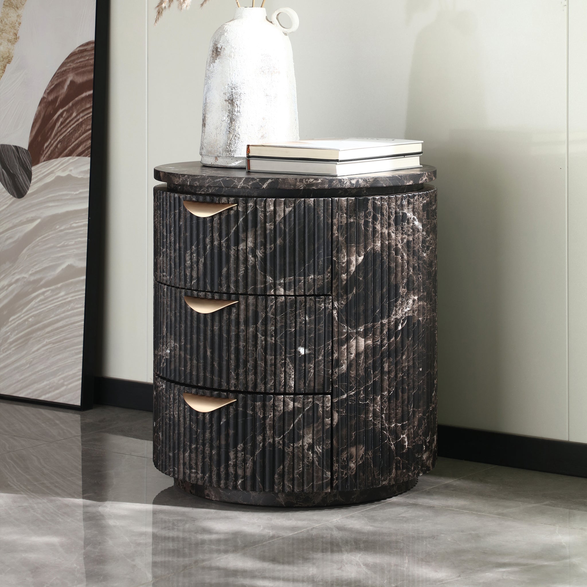 Modern Black Marble Fluted Cylindrical 3-Drawer Nightstand