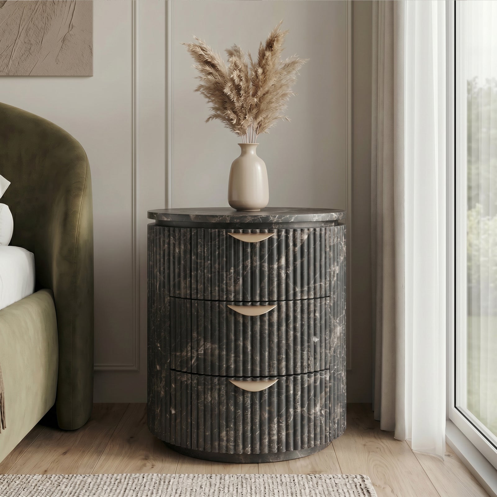 Fluted Cylinder Nightstand — Black Marble, 3 Drawer