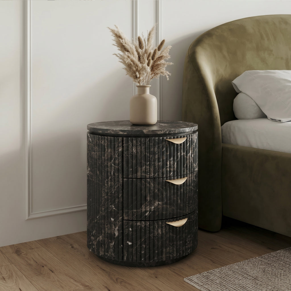 Modern Black Marble Fluted Cylindrical 3-Drawer Nightstand